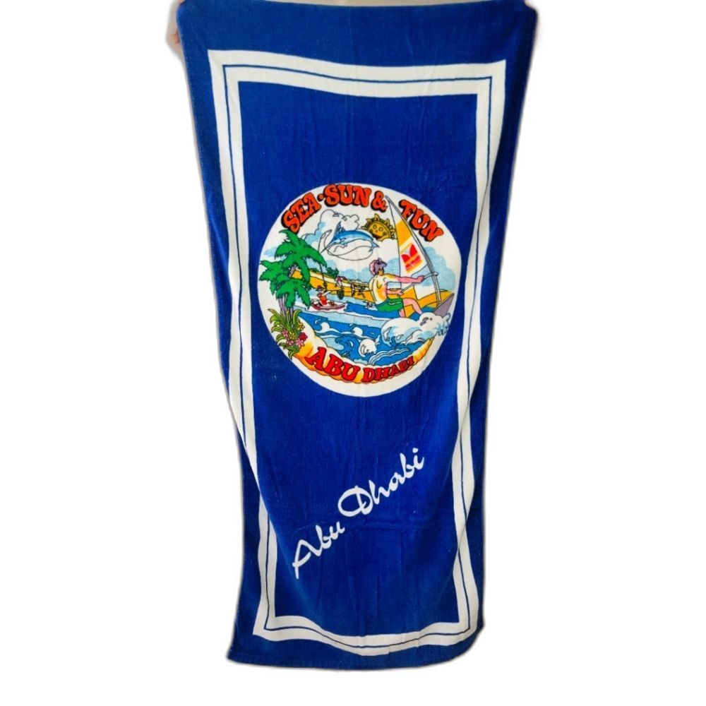 Vintage Abu Dhabi Beach Pool Towel Sea Sun Fun Graphic Travel Blue White Rare